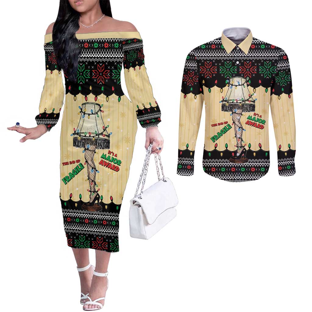 Christmas Story Couples Matching Off The Shoulder Long Sleeve Dress and Long Sleeve Button Shirt Fragile Leg Lamp - Wonder Print Shop