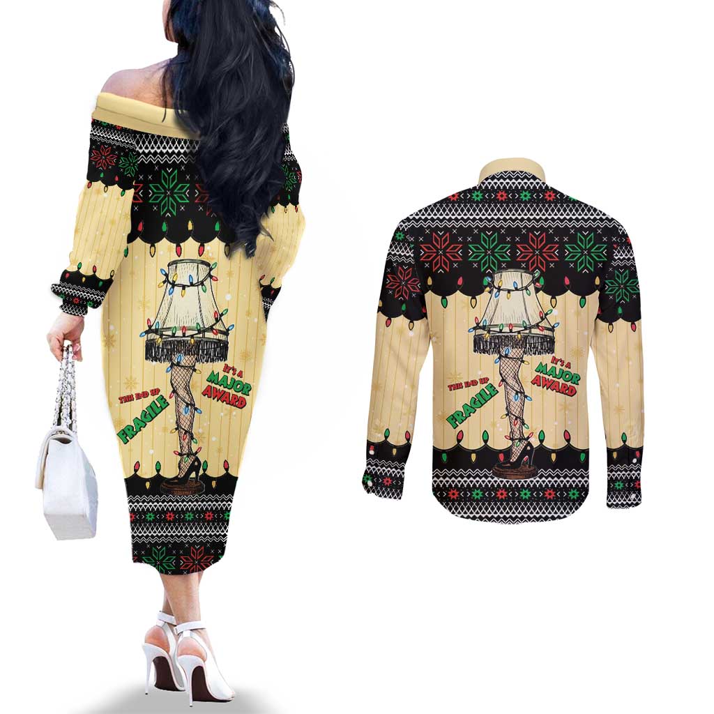Christmas Story Couples Matching Off The Shoulder Long Sleeve Dress and Long Sleeve Button Shirt Fragile Leg Lamp - Wonder Print Shop