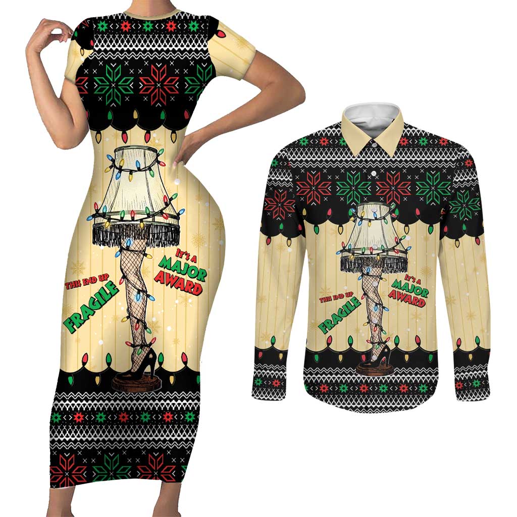 Christmas Story Couples Matching Short Sleeve Bodycon Dress and Long Sleeve Button Shirt Fragile Leg Lamp - Wonder Print Shop