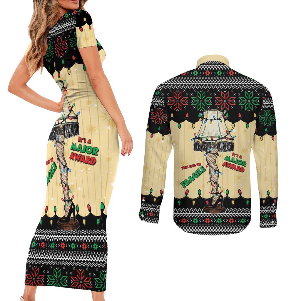 Christmas Story Couples Matching Short Sleeve Bodycon Dress and Long Sleeve Button Shirt Fragile Leg Lamp - Wonder Print Shop