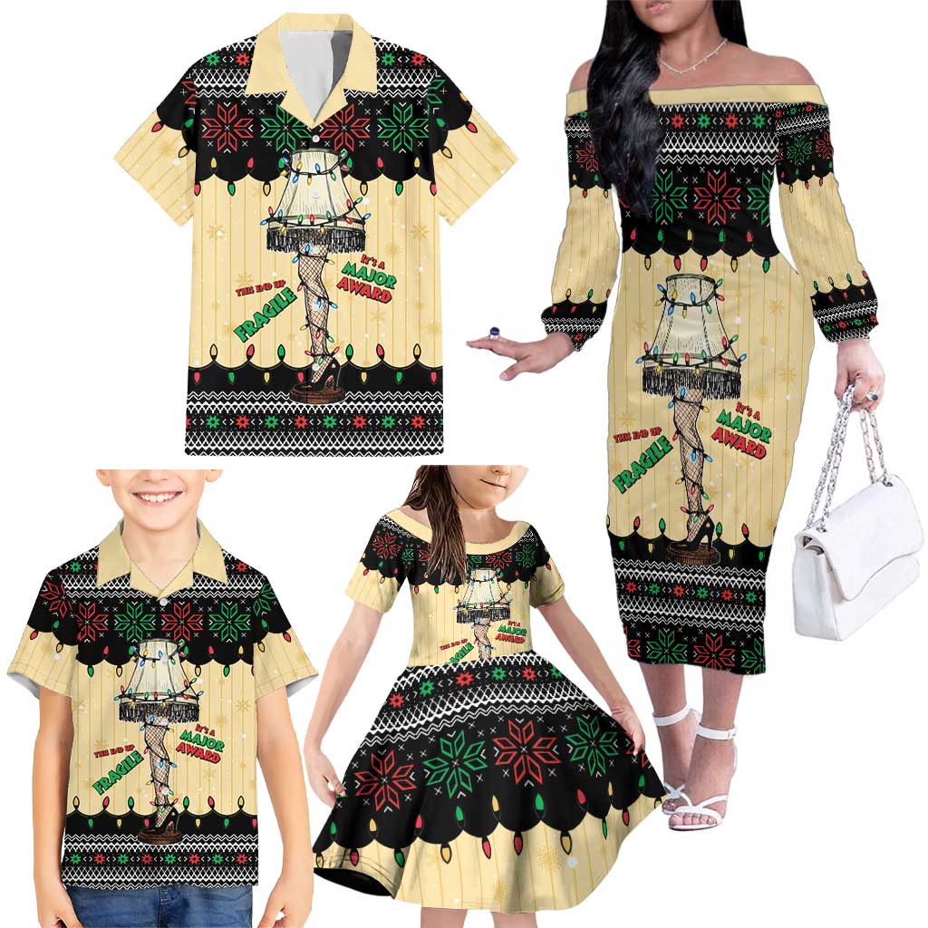 Christmas Story Family Matching Off The Shoulder Long Sleeve Dress and Hawaiian Shirt Fragile Leg Lamp - Wonder Print Shop