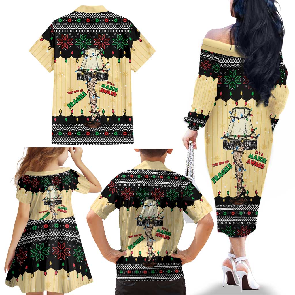 Christmas Story Family Matching Off The Shoulder Long Sleeve Dress and Hawaiian Shirt Fragile Leg Lamp - Wonder Print Shop