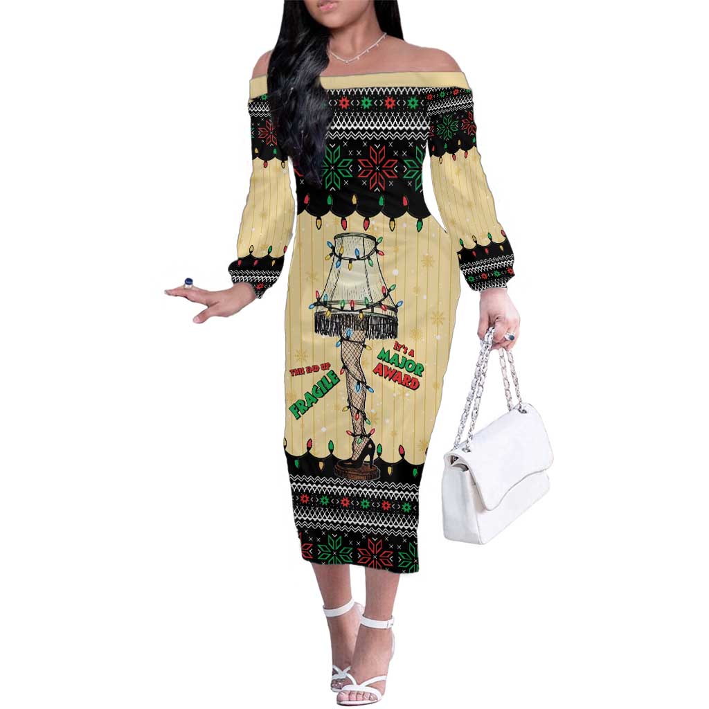 Christmas Story Family Matching Off The Shoulder Long Sleeve Dress and Hawaiian Shirt Fragile Leg Lamp - Wonder Print Shop