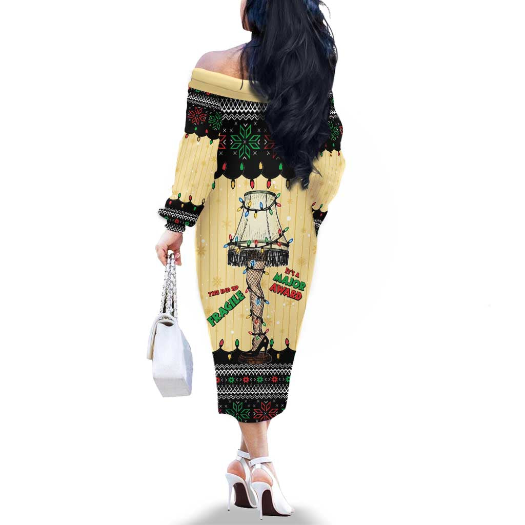 Christmas Story Family Matching Off The Shoulder Long Sleeve Dress and Hawaiian Shirt Fragile Leg Lamp - Wonder Print Shop