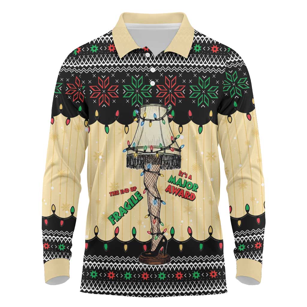 Christmas Story Long Sleeve Polo Shirt Fragile Leg Lamp - Wonder Print Shop