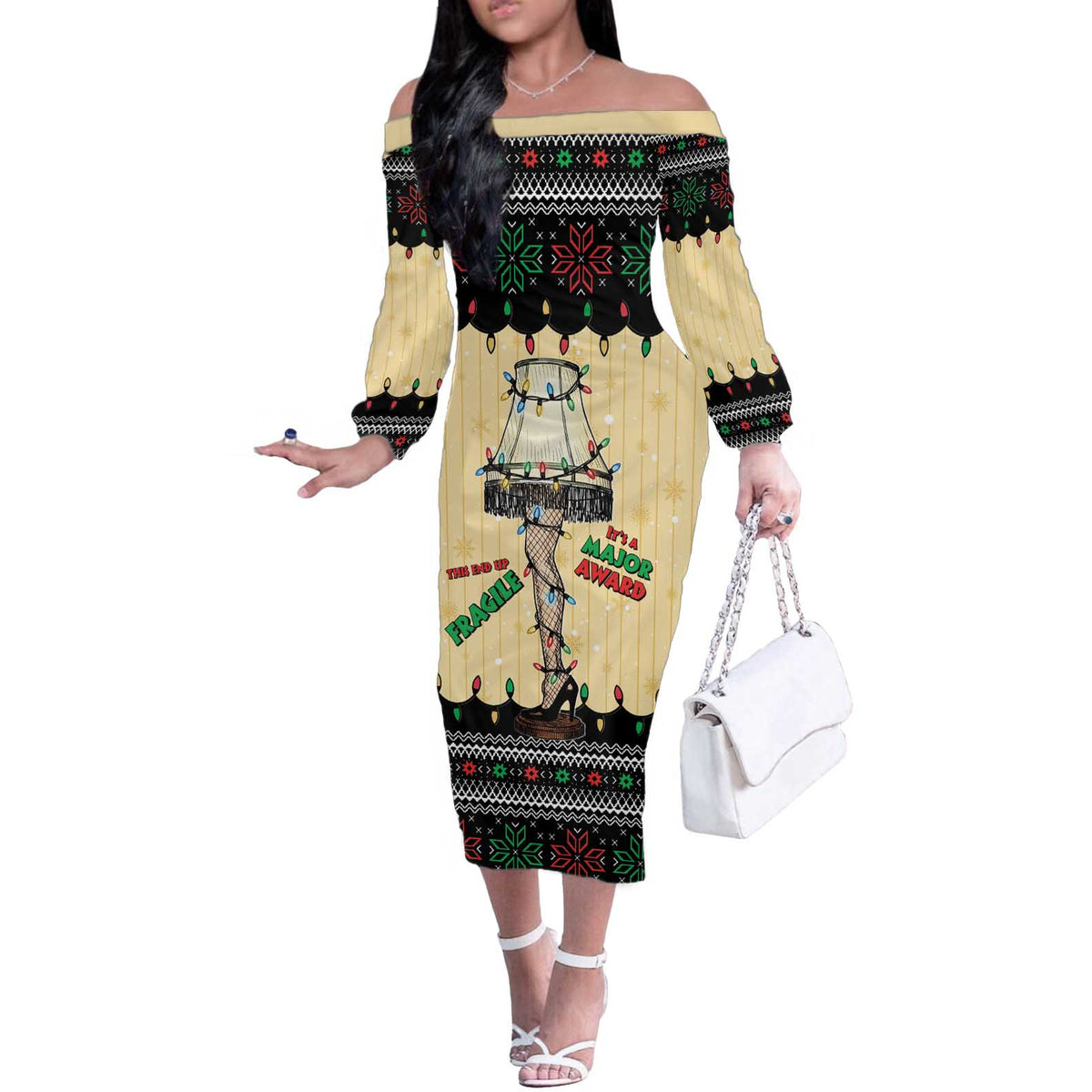 Christmas Story Off The Shoulder Long Sleeve Dress Fragile Leg Lamp