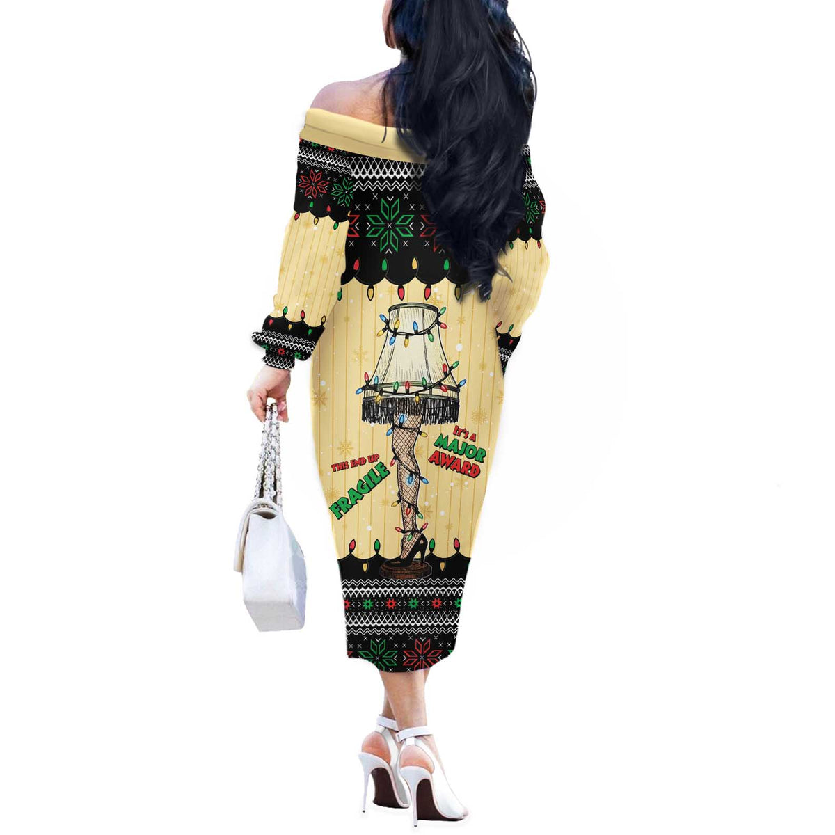 Christmas Story Off The Shoulder Long Sleeve Dress Fragile Leg Lamp