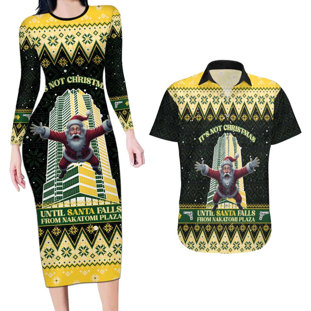 Personalised Nakatomi Plaza Couples Matching Long Sleeve Bodycon Dress and Hawaiian Shirt It's Not Xmas Until Santa Falls - Wonder Print Shop