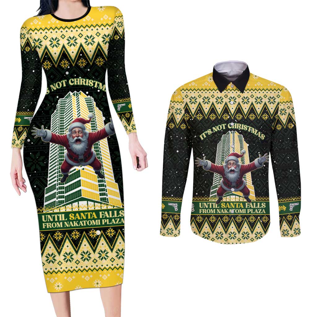 Personalised Nakatomi Plaza Couples Matching Long Sleeve Bodycon Dress and Long Sleeve Button Shirt It's Not Xmas Until Santa Falls - Wonder Print Shop
