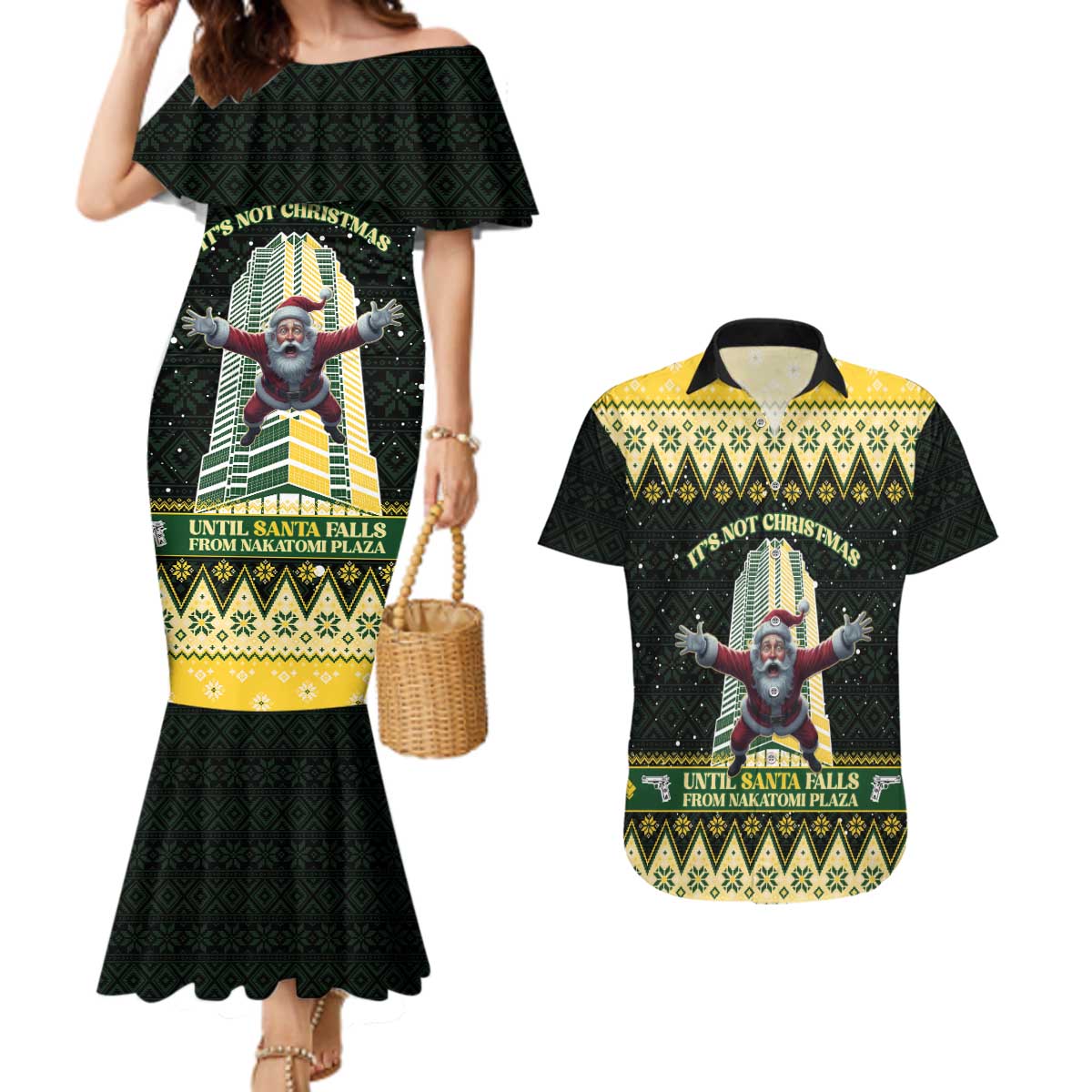 Personalised Nakatomi Plaza Couples Matching Mermaid Dress and Hawaiian Shirt It's Not Xmas Until Santa Falls - Wonder Print Shop