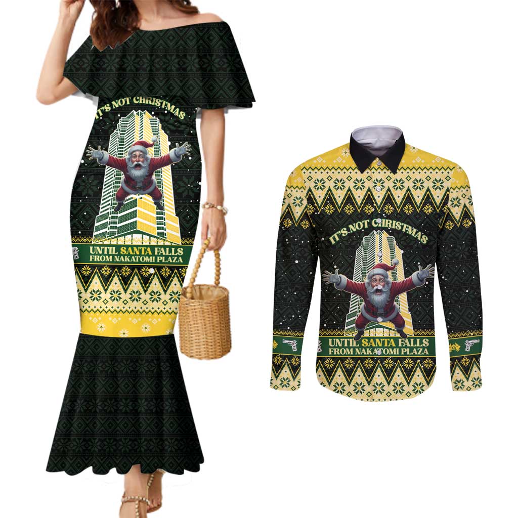 Personalised Nakatomi Plaza Couples Matching Mermaid Dress and Long Sleeve Button Shirt It's Not Xmas Until Santa Falls - Wonder Print Shop