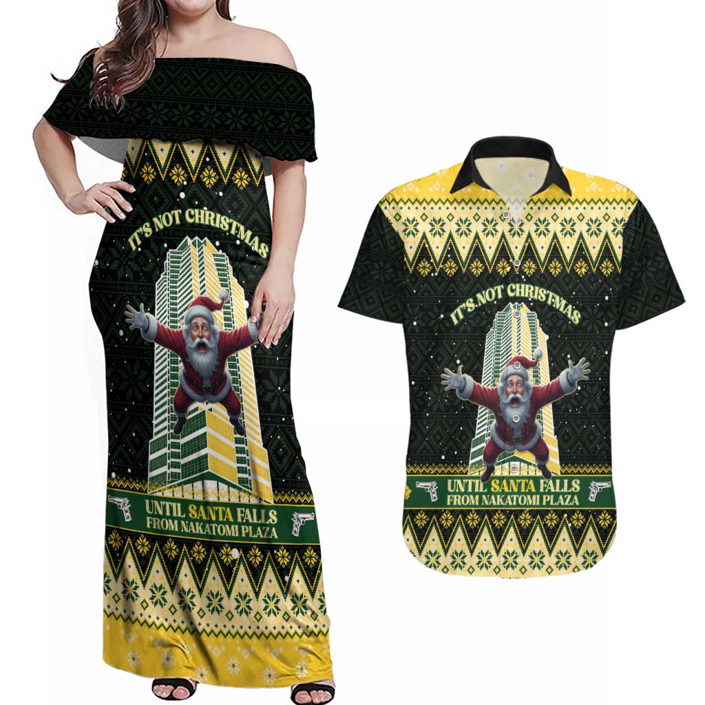 Personalised Nakatomi Plaza Couples Matching Off Shoulder Maxi Dress and Hawaiian Shirt It's Not Xmas Until Santa Falls - Wonder Print Shop