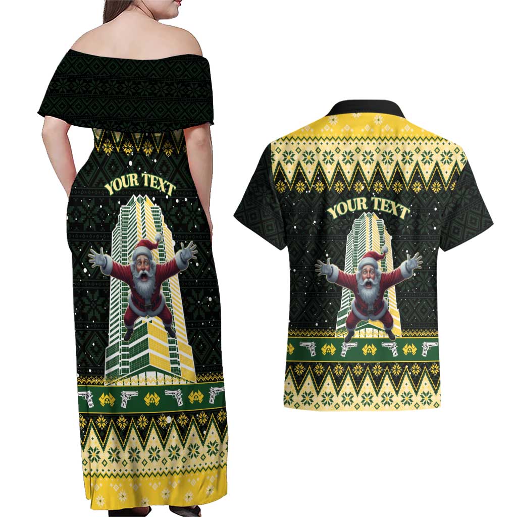 Personalised Nakatomi Plaza Couples Matching Off Shoulder Maxi Dress and Hawaiian Shirt It's Not Xmas Until Santa Falls - Wonder Print Shop