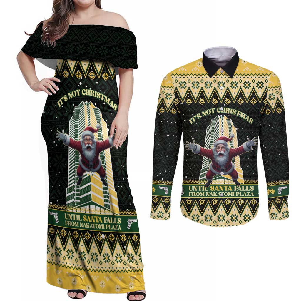 Personalised Nakatomi Plaza Couples Matching Off Shoulder Maxi Dress and Long Sleeve Button Shirt It's Not Xmas Until Santa Falls - Wonder Print Shop