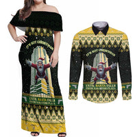 Personalised Nakatomi Plaza Couples Matching Off Shoulder Maxi Dress and Long Sleeve Button Shirt It's Not Xmas Until Santa Falls - Wonder Print Shop