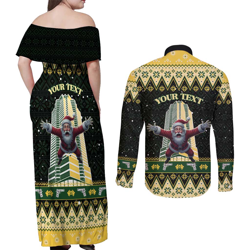 Personalised Nakatomi Plaza Couples Matching Off Shoulder Maxi Dress and Long Sleeve Button Shirt It's Not Xmas Until Santa Falls - Wonder Print Shop