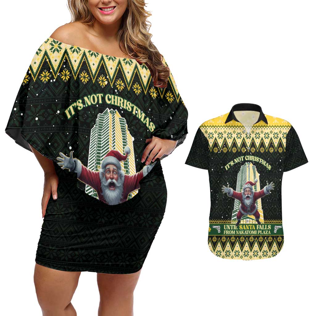 Personalised Nakatomi Plaza Couples Matching Off Shoulder Short Dress and Hawaiian Shirt It's Not Xmas Until Santa Falls - Wonder Print Shop