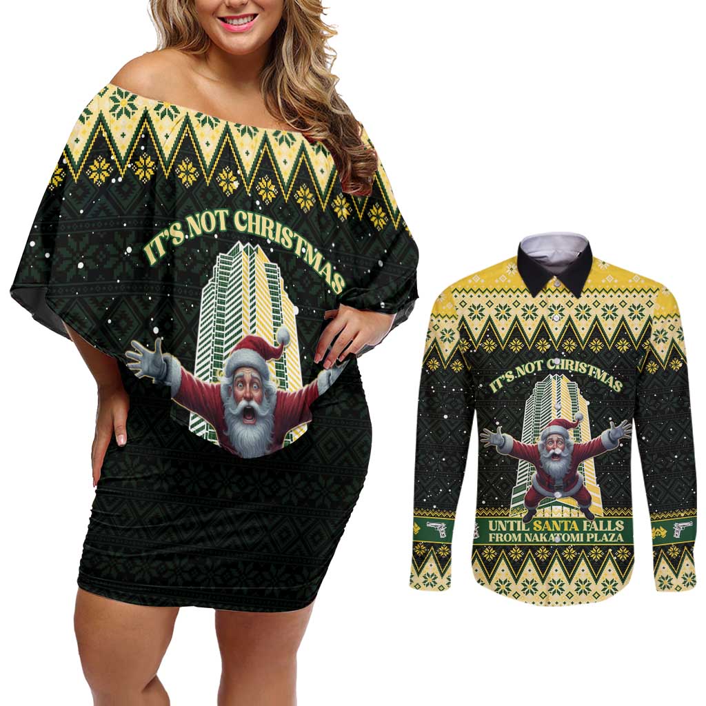 Personalised Nakatomi Plaza Couples Matching Off Shoulder Short Dress and Long Sleeve Button Shirt It's Not Xmas Until Santa Falls - Wonder Print Shop