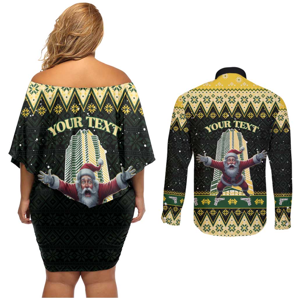 Personalised Nakatomi Plaza Couples Matching Off Shoulder Short Dress and Long Sleeve Button Shirt It's Not Xmas Until Santa Falls - Wonder Print Shop