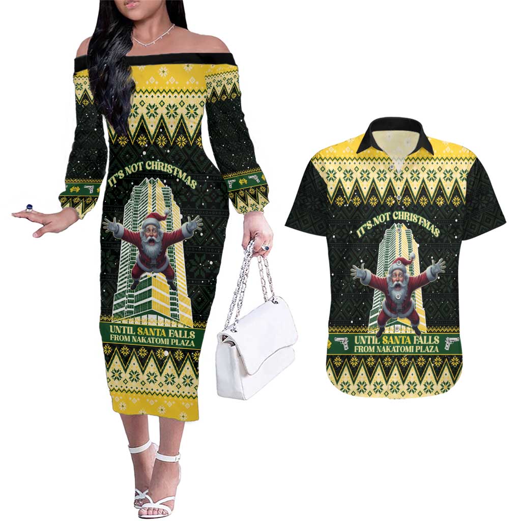 Personalised Nakatomi Plaza Couples Matching Off The Shoulder Long Sleeve Dress and Hawaiian Shirt It's Not Xmas Until Santa Falls - Wonder Print Shop
