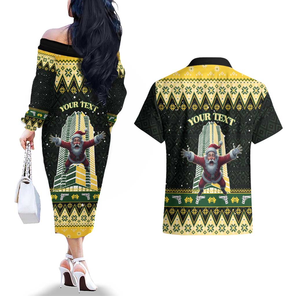 Personalised Nakatomi Plaza Couples Matching Off The Shoulder Long Sleeve Dress and Hawaiian Shirt It's Not Xmas Until Santa Falls - Wonder Print Shop