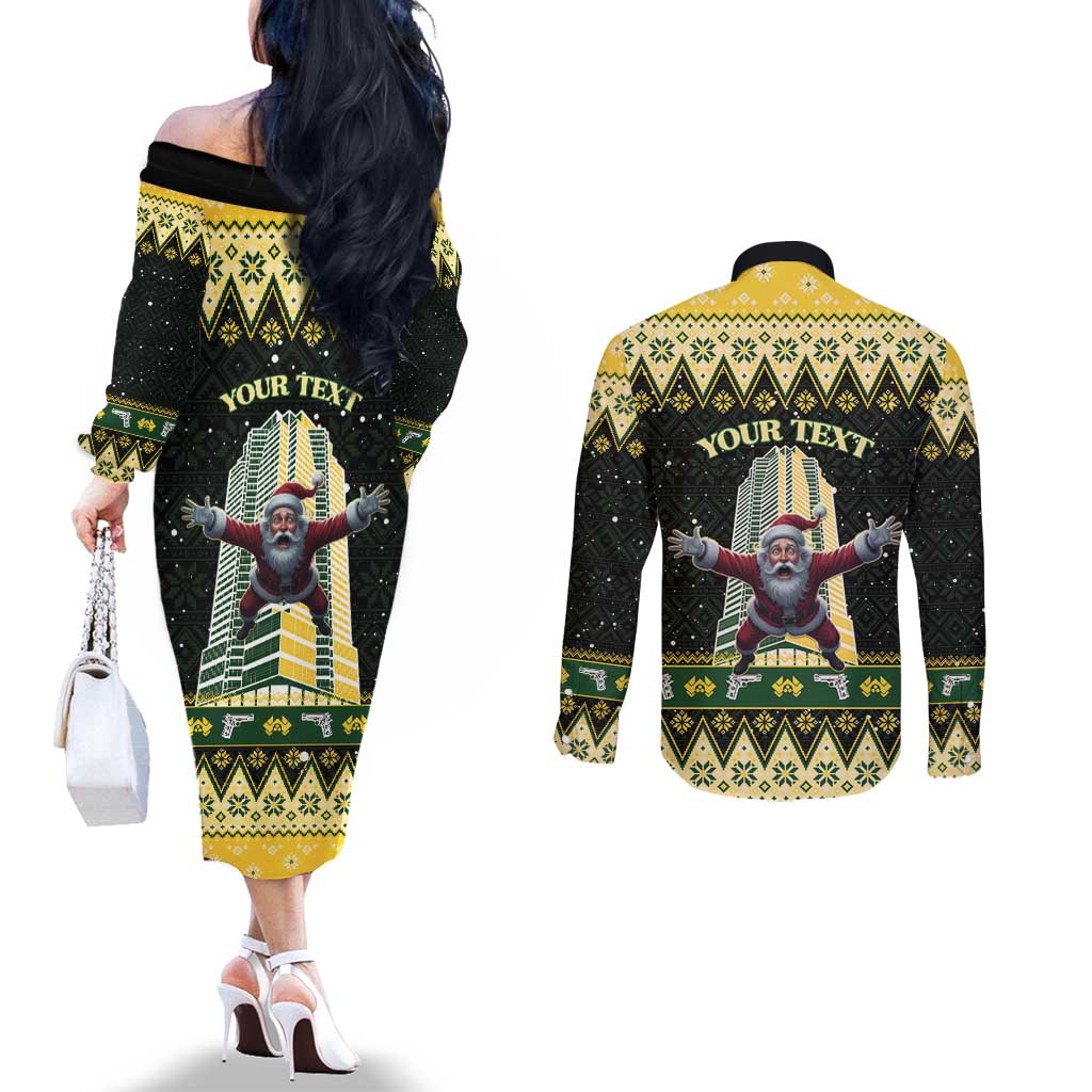 Personalised Nakatomi Plaza Couples Matching Off The Shoulder Long Sleeve Dress and Long Sleeve Button Shirt It's Not Xmas Until Santa Falls - Wonder Print Shop