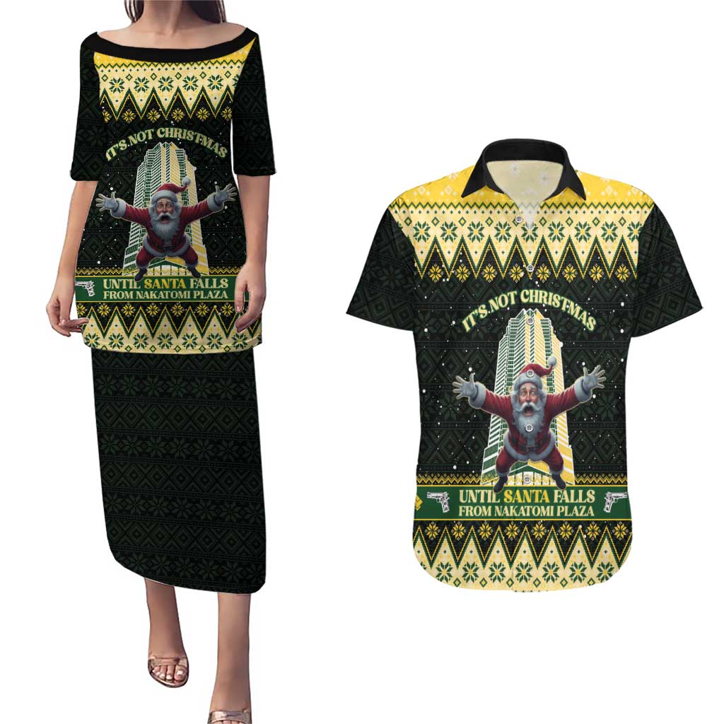 Personalised Nakatomi Plaza Couples Matching Puletasi and Hawaiian Shirt It's Not Xmas Until Santa Falls - Wonder Print Shop