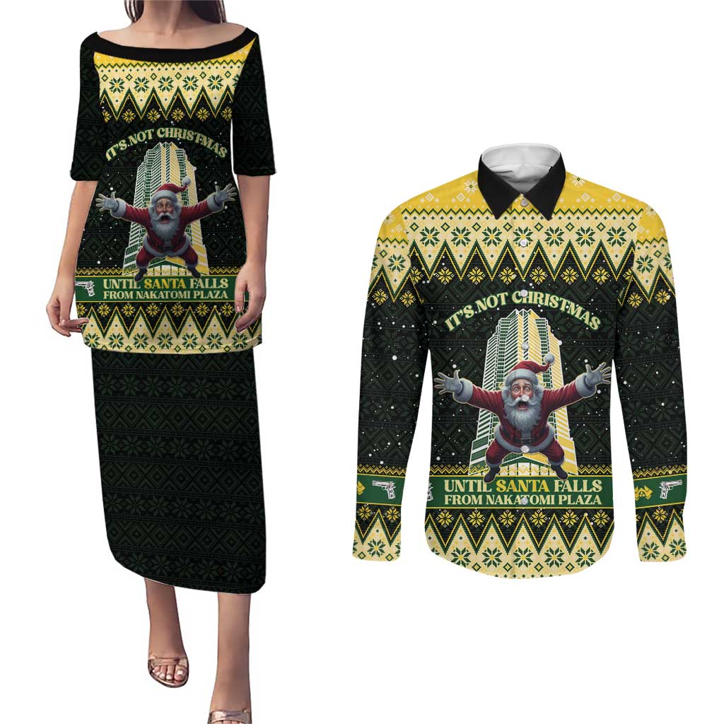 Personalised Nakatomi Plaza Couples Matching Puletasi and Long Sleeve Button Shirt It's Not Xmas Until Santa Falls - Wonder Print Shop
