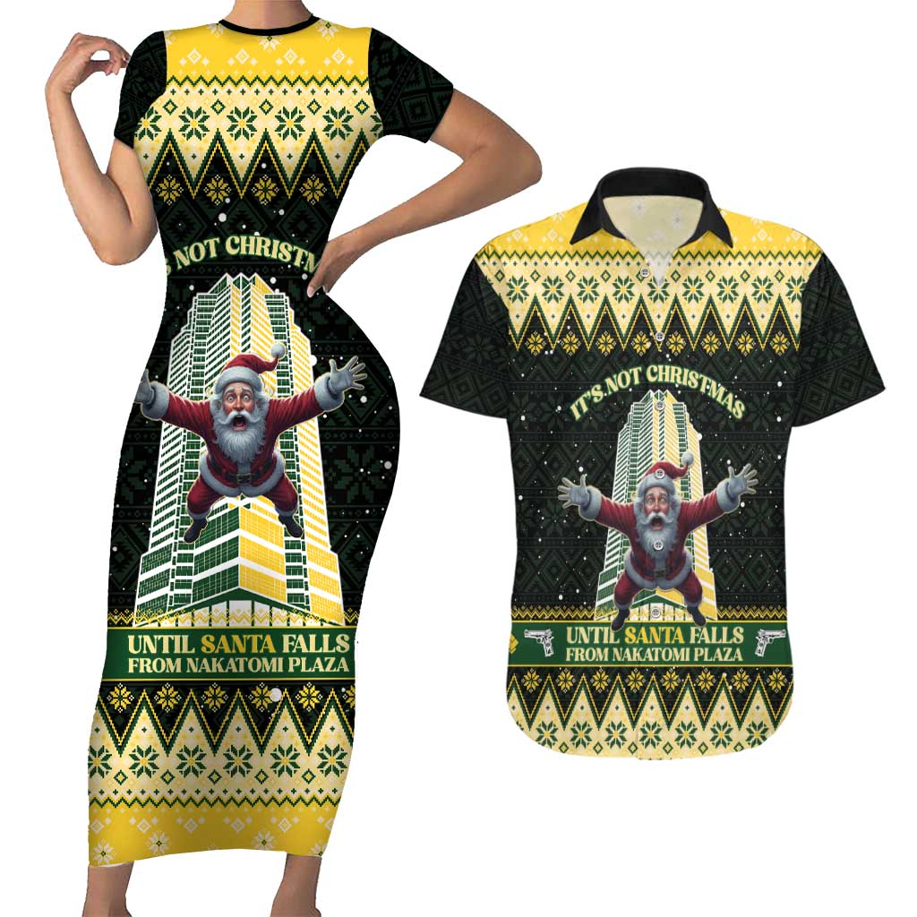 Personalised Nakatomi Plaza Couples Matching Short Sleeve Bodycon Dress and Hawaiian Shirt It's Not Xmas Until Santa Falls - Wonder Print Shop