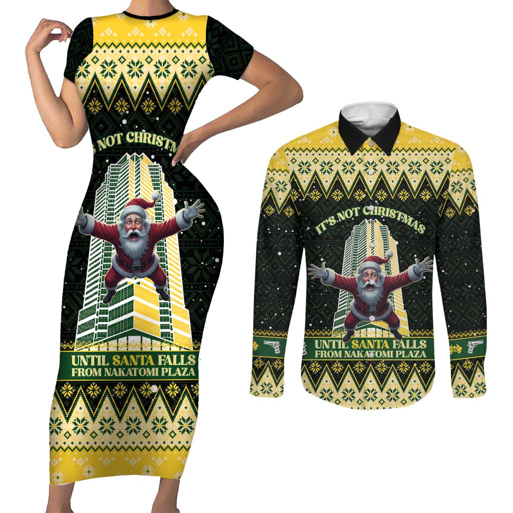 Personalised Nakatomi Plaza Couples Matching Short Sleeve Bodycon Dress and Long Sleeve Button Shirt It's Not Xmas Until Santa Falls - Wonder Print Shop