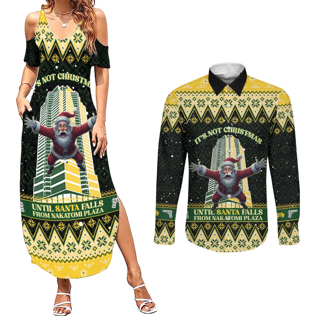Personalised Nakatomi Plaza Couples Matching Summer Maxi Dress and Long Sleeve Button Shirt It's Not Xmas Until Santa Falls - Wonder Print Shop