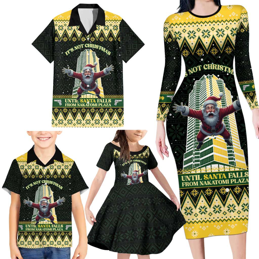 Personalised Nakatomi Plaza Family Matching Long Sleeve Bodycon Dress and Hawaiian Shirt It's Not Xmas Until Santa Falls - Wonder Print Shop