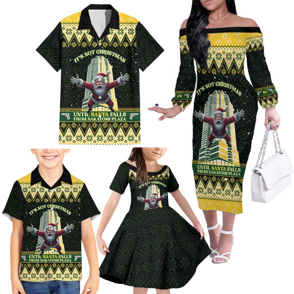 Personalised Nakatomi Plaza Family Matching Off The Shoulder Long Sleeve Dress and Hawaiian Shirt It's Not Xmas Until Santa Falls - Wonder Print Shop