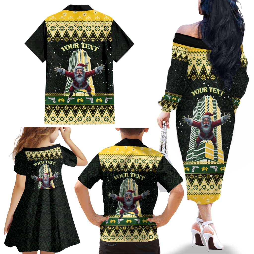 Personalised Nakatomi Plaza Family Matching Off The Shoulder Long Sleeve Dress and Hawaiian Shirt It's Not Xmas Until Santa Falls - Wonder Print Shop