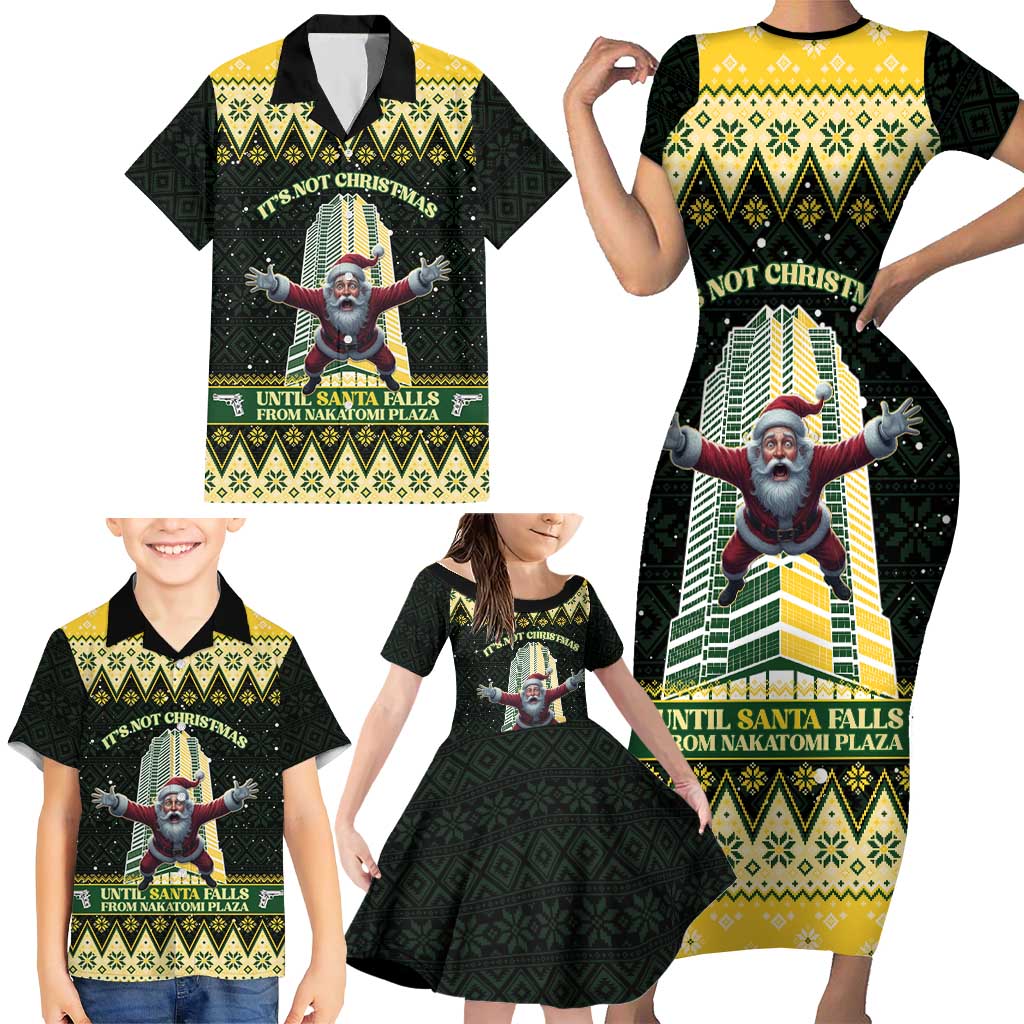 Personalised Nakatomi Plaza Family Matching Short Sleeve Bodycon Dress and Hawaiian Shirt It's Not Xmas Until Santa Falls - Wonder Print Shop