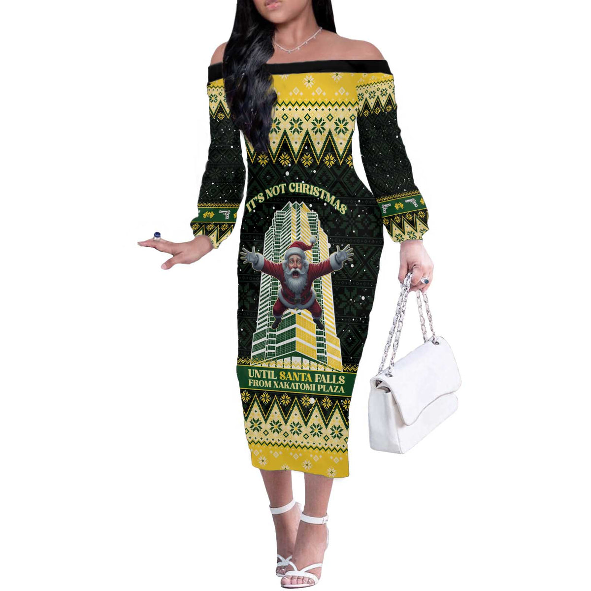 Personalised Nakatomi Plaza Off The Shoulder Long Sleeve Dress It's Not Xmas Until Santa Falls - Wonder Print Shop