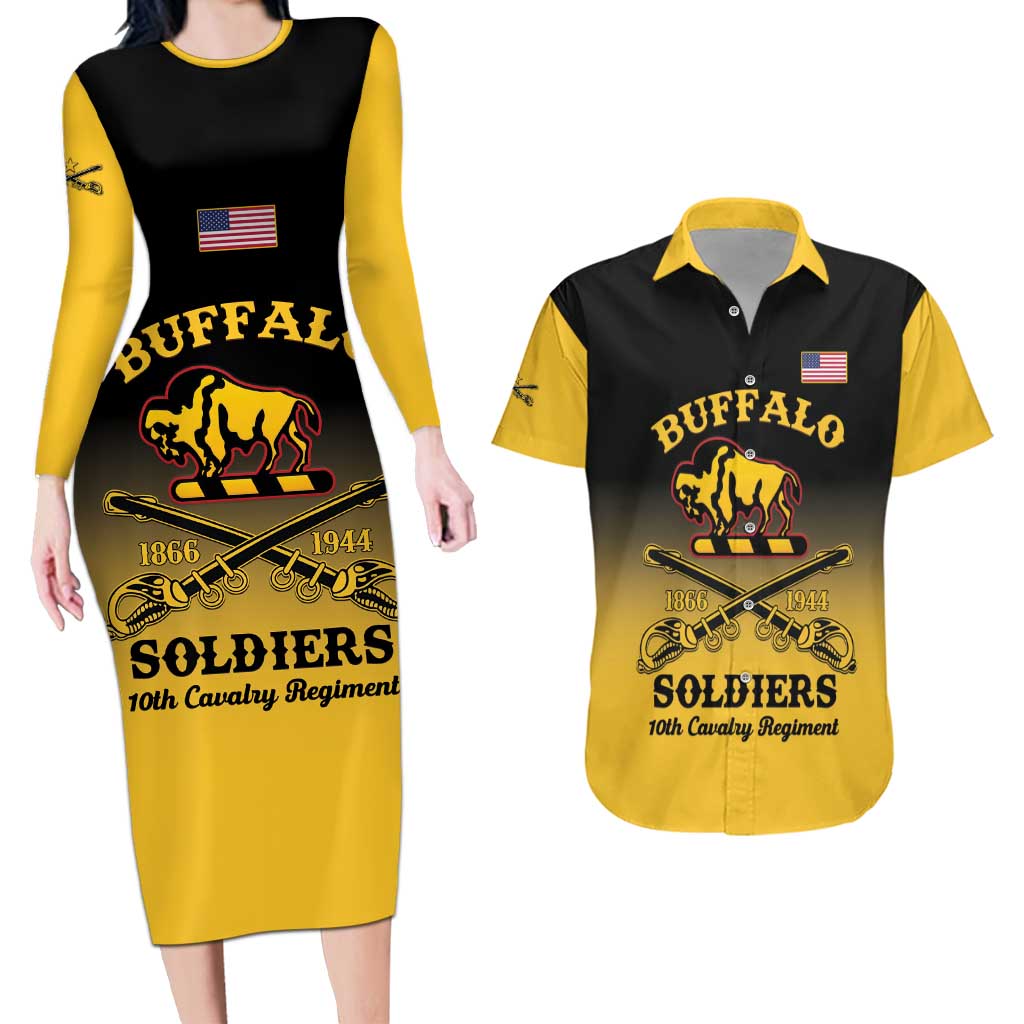 Personalised Buffalo Soldiers Couples Matching Long Sleeve Bodycon Dress and Hawaiian Shirt 10th Cavalry Regiment - Wonder Print Shop