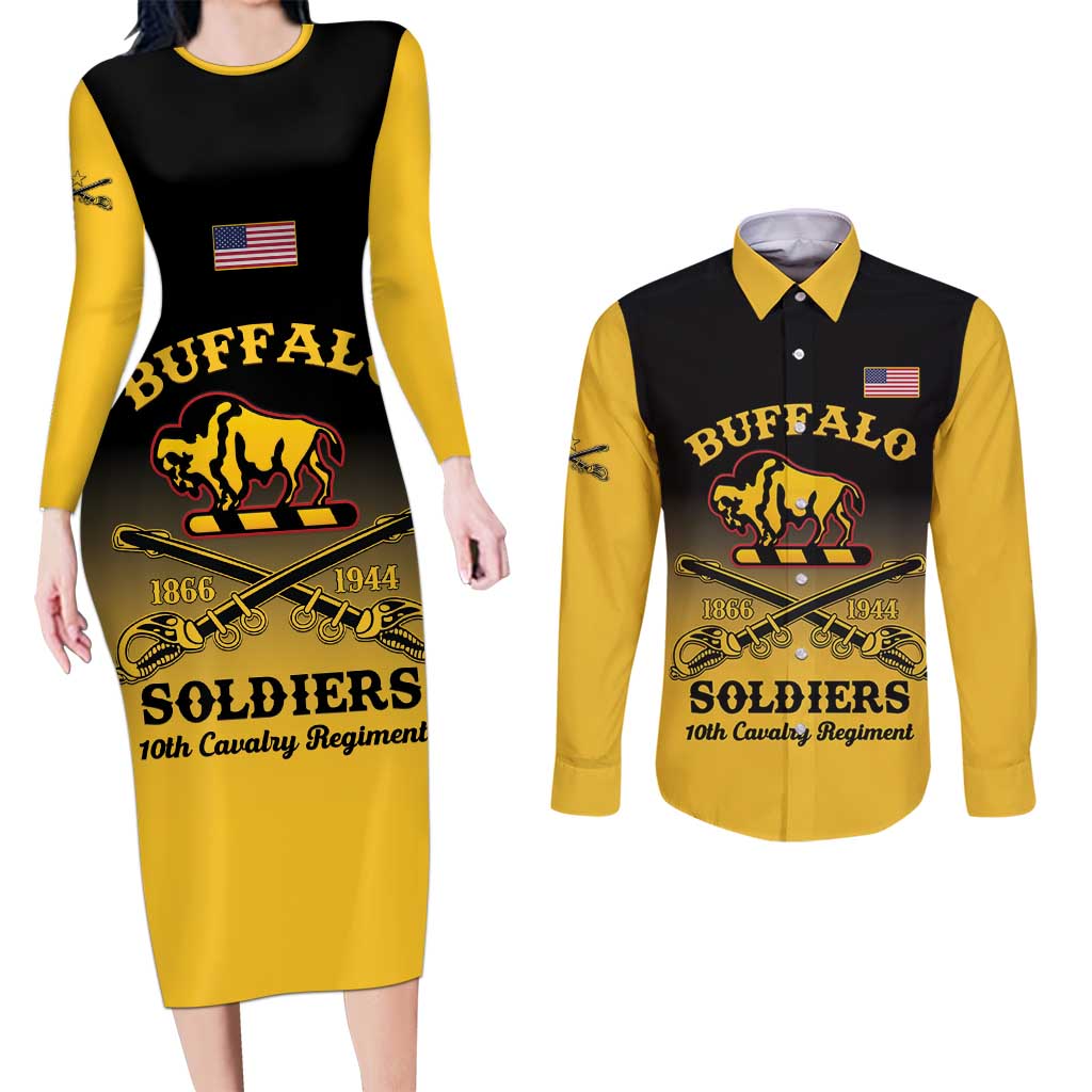 Personalised Buffalo Soldiers Couples Matching Long Sleeve Bodycon Dress and Long Sleeve Button Shirt 10th Cavalry Regiment - Wonder Print Shop
