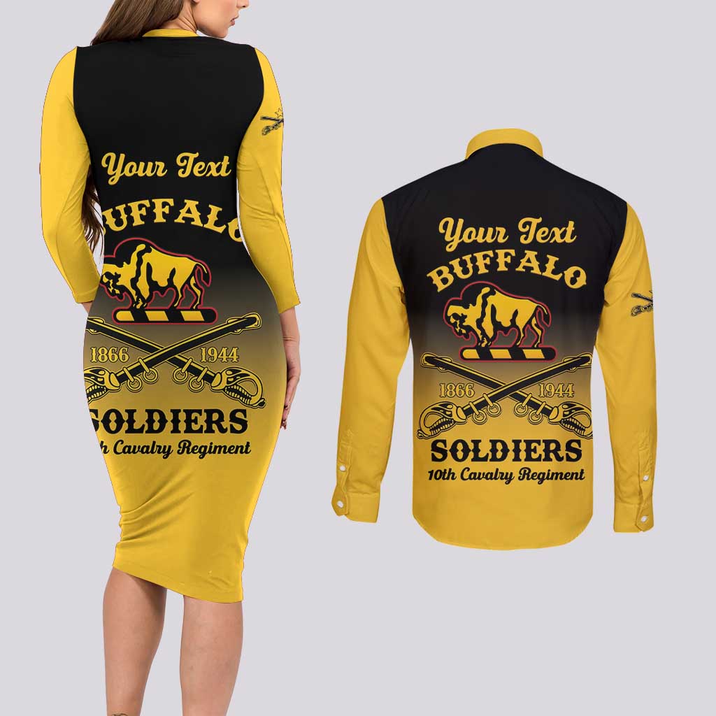 Personalised Buffalo Soldiers Couples Matching Long Sleeve Bodycon Dress and Long Sleeve Button Shirt 10th Cavalry Regiment - Wonder Print Shop