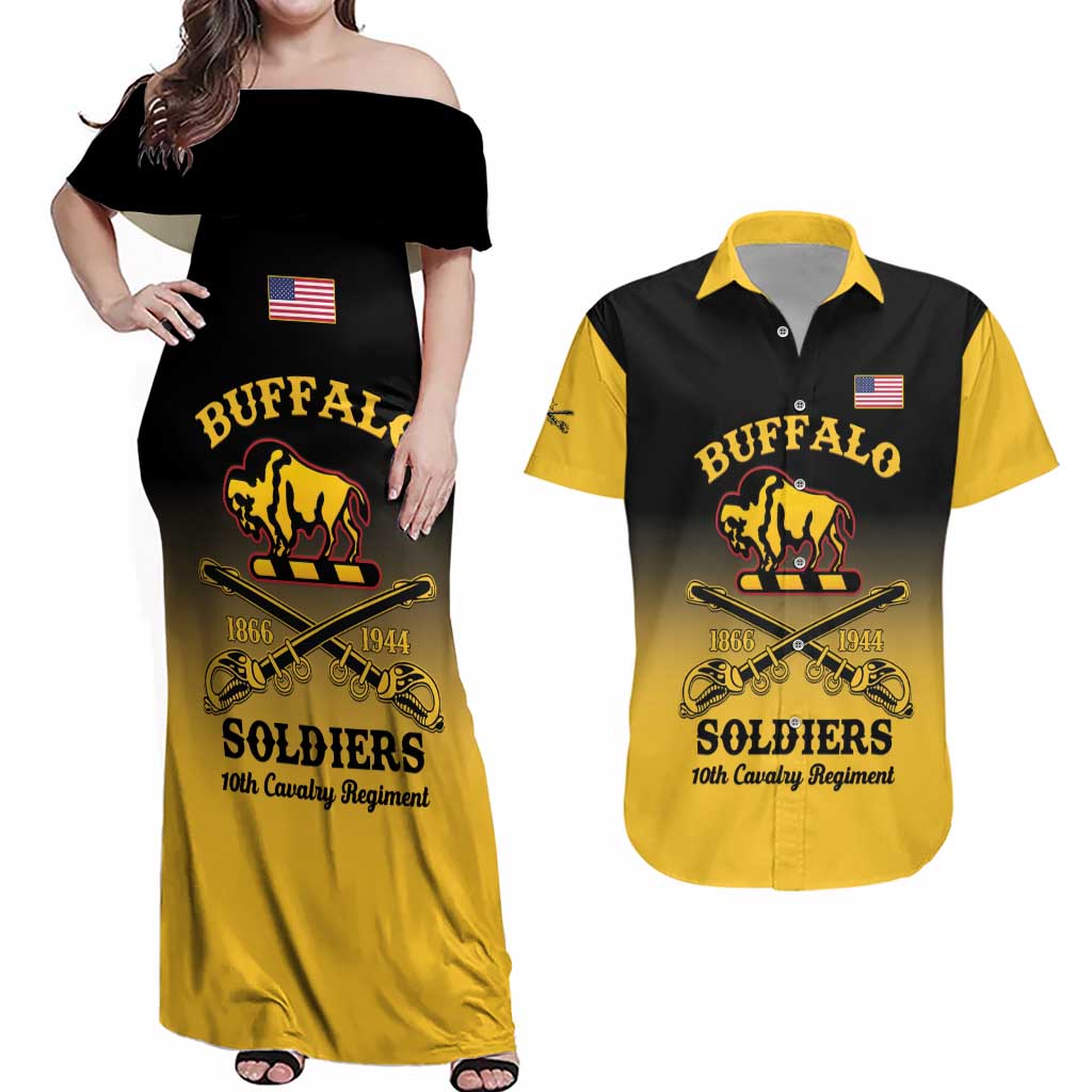 Personalised Buffalo Soldiers Couples Matching Off Shoulder Maxi Dress and Hawaiian Shirt 10th Cavalry Regiment - Wonder Print Shop