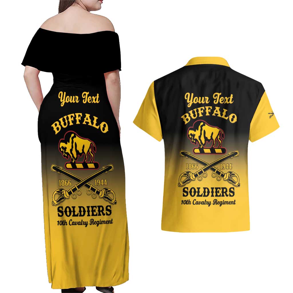 Personalised Buffalo Soldiers Couples Matching Off Shoulder Maxi Dress and Hawaiian Shirt 10th Cavalry Regiment - Wonder Print Shop