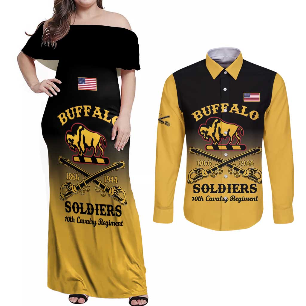 Personalised Buffalo Soldiers Couples Matching Off Shoulder Maxi Dress and Long Sleeve Button Shirt 10th Cavalry Regiment - Wonder Print Shop