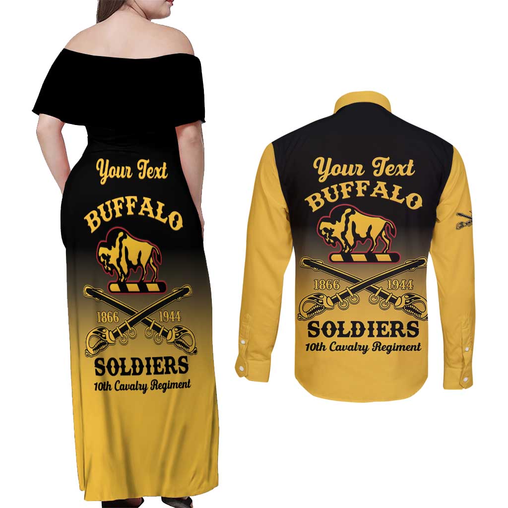 Personalised Buffalo Soldiers Couples Matching Off Shoulder Maxi Dress and Long Sleeve Button Shirt 10th Cavalry Regiment - Wonder Print Shop