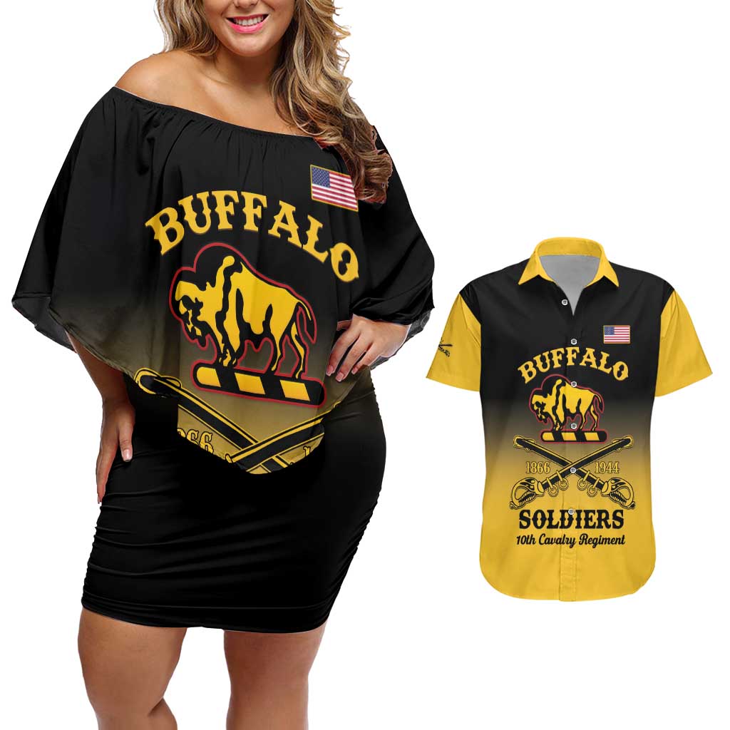 Personalised Buffalo Soldiers Couples Matching Off Shoulder Short Dress and Hawaiian Shirt 10th Cavalry Regiment - Wonder Print Shop