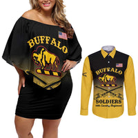 Personalised Buffalo Soldiers Couples Matching Off Shoulder Short Dress and Long Sleeve Button Shirt 10th Cavalry Regiment - Wonder Print Shop