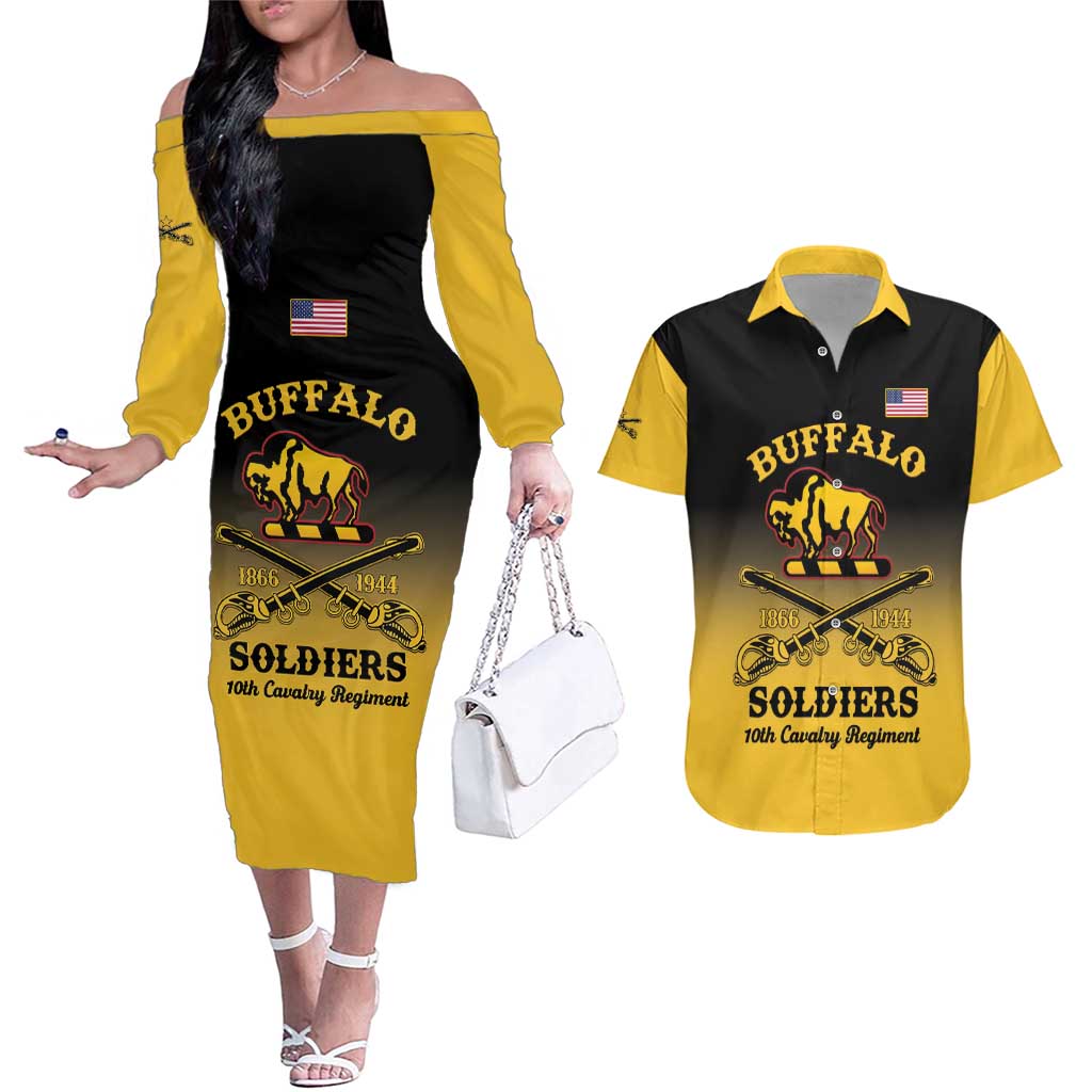 Personalised Buffalo Soldiers Couples Matching Off The Shoulder Long Sleeve Dress and Hawaiian Shirt 10th Cavalry Regiment - Wonder Print Shop