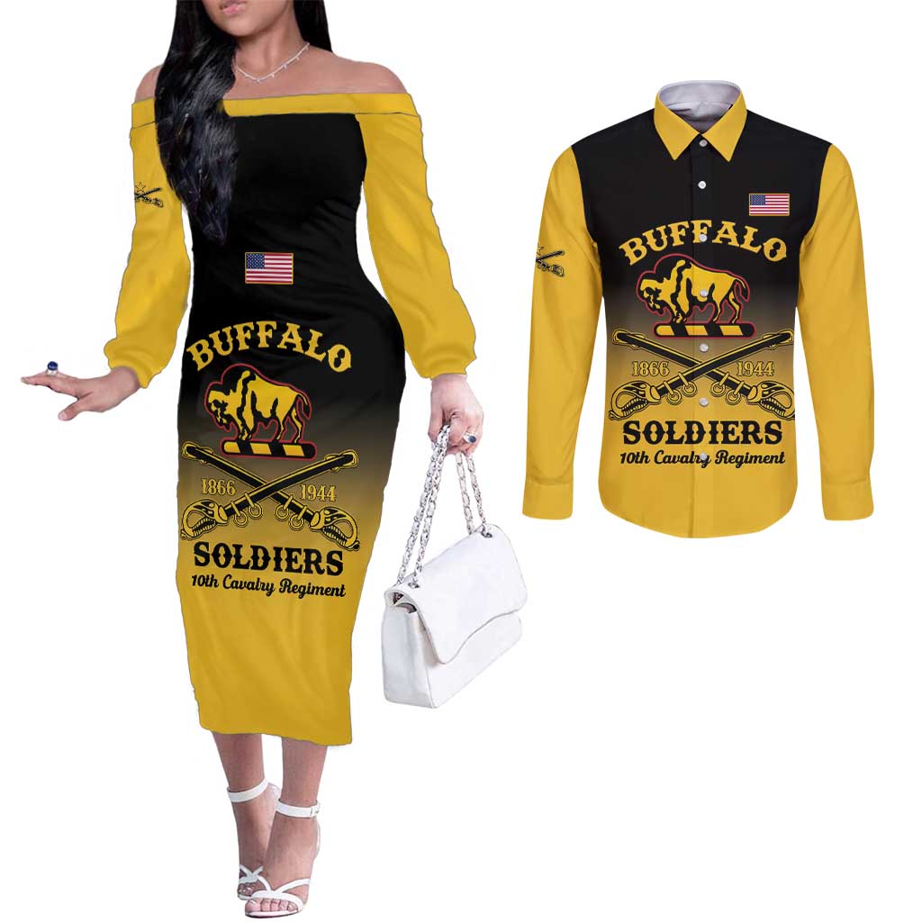 Personalised Buffalo Soldiers Couples Matching Off The Shoulder Long Sleeve Dress and Long Sleeve Button Shirt 10th Cavalry Regiment