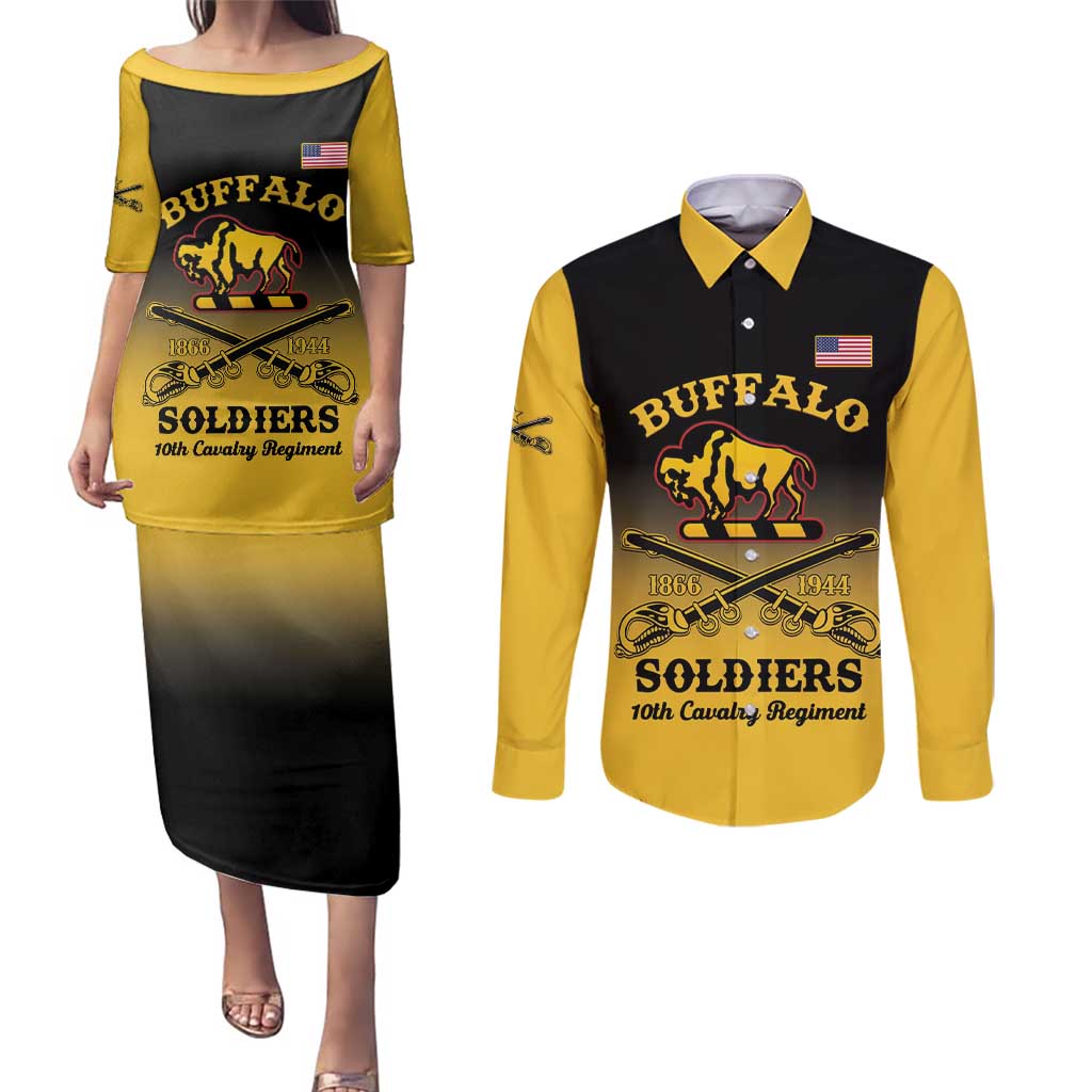 Personalised Buffalo Soldiers Couples Matching Puletasi and Long Sleeve Button Shirt 10th Cavalry Regiment - Wonder Print Shop