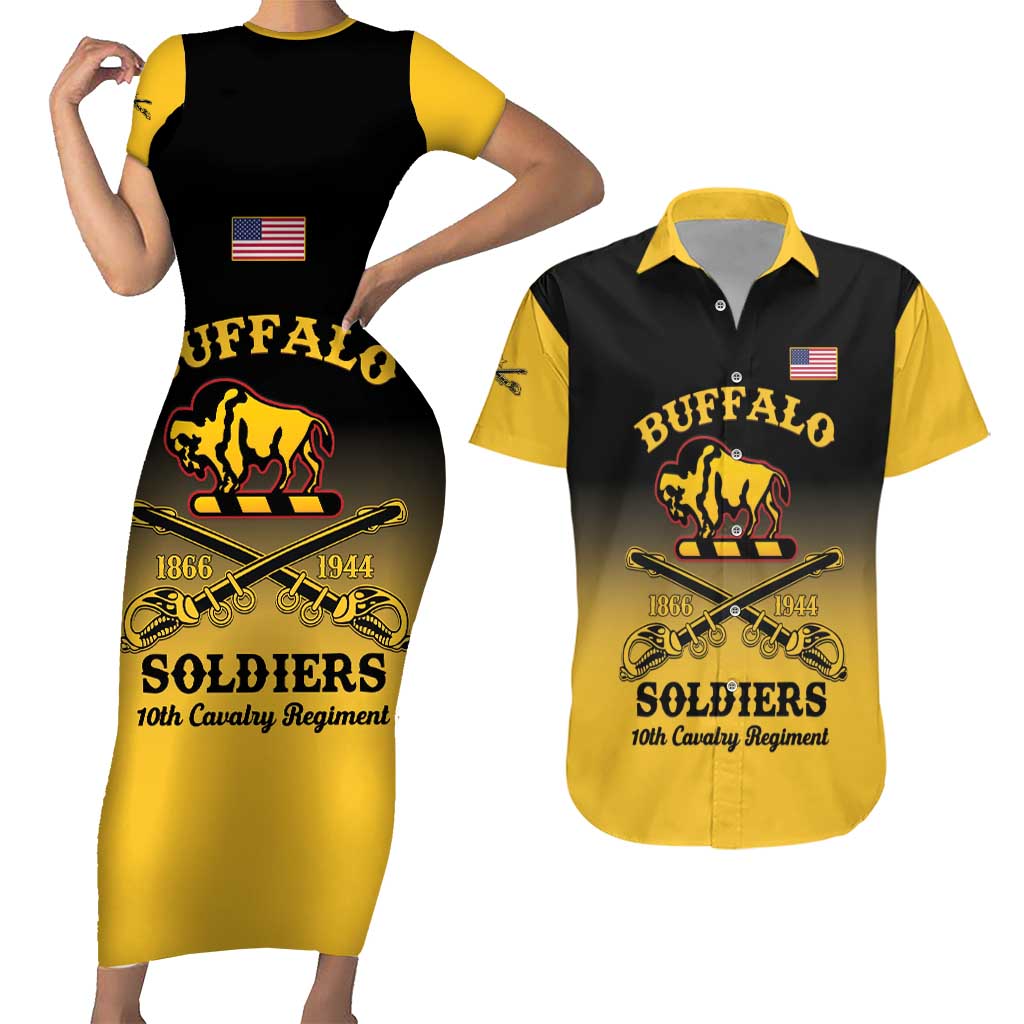 Personalised Buffalo Soldiers Couples Matching Short Sleeve Bodycon Dress and Hawaiian Shirt 10th Cavalry Regiment - Wonder Print Shop