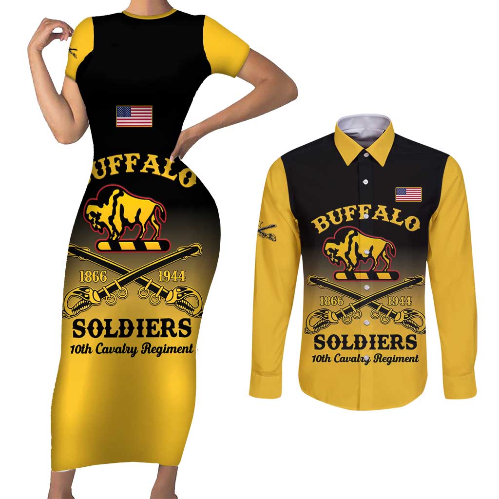 Personalised Buffalo Soldiers Couples Matching Short Sleeve Bodycon Dress and Long Sleeve Button Shirt 10th Cavalry Regiment - Wonder Print Shop